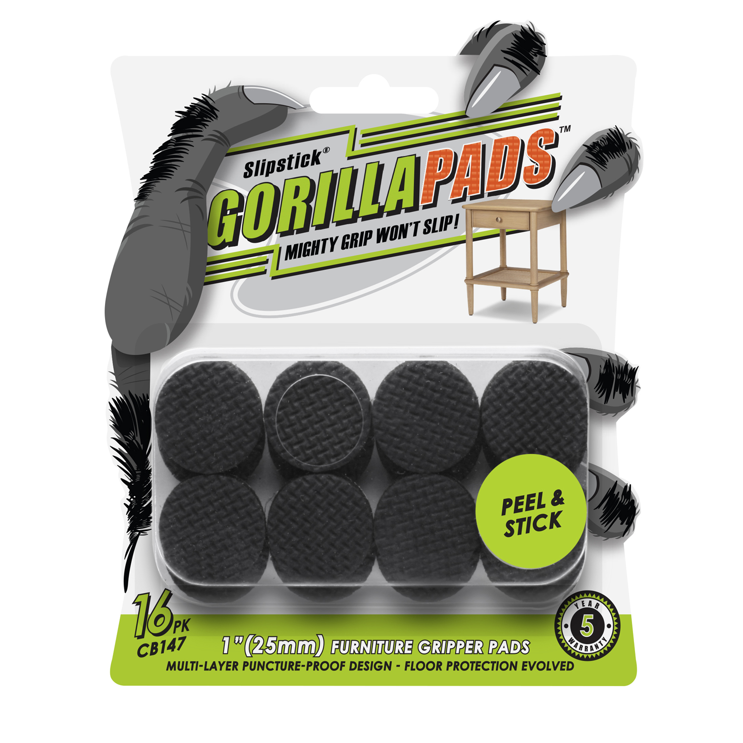 Slipstick GorillaPads CB147 Non Slip Furniture Pads/Gripper Feet (Set of  16) Self Adhesive Rubber Floor Protectors, 1 inch Round, Black